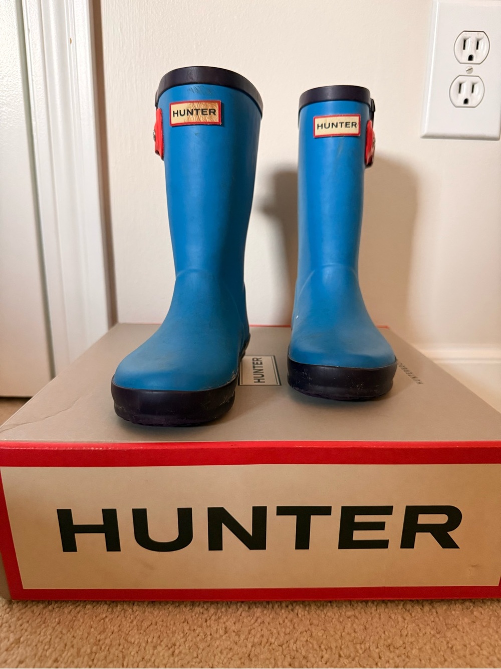 Hunter Kids Blue Rain Boots with Navy Trim and Red Buckles